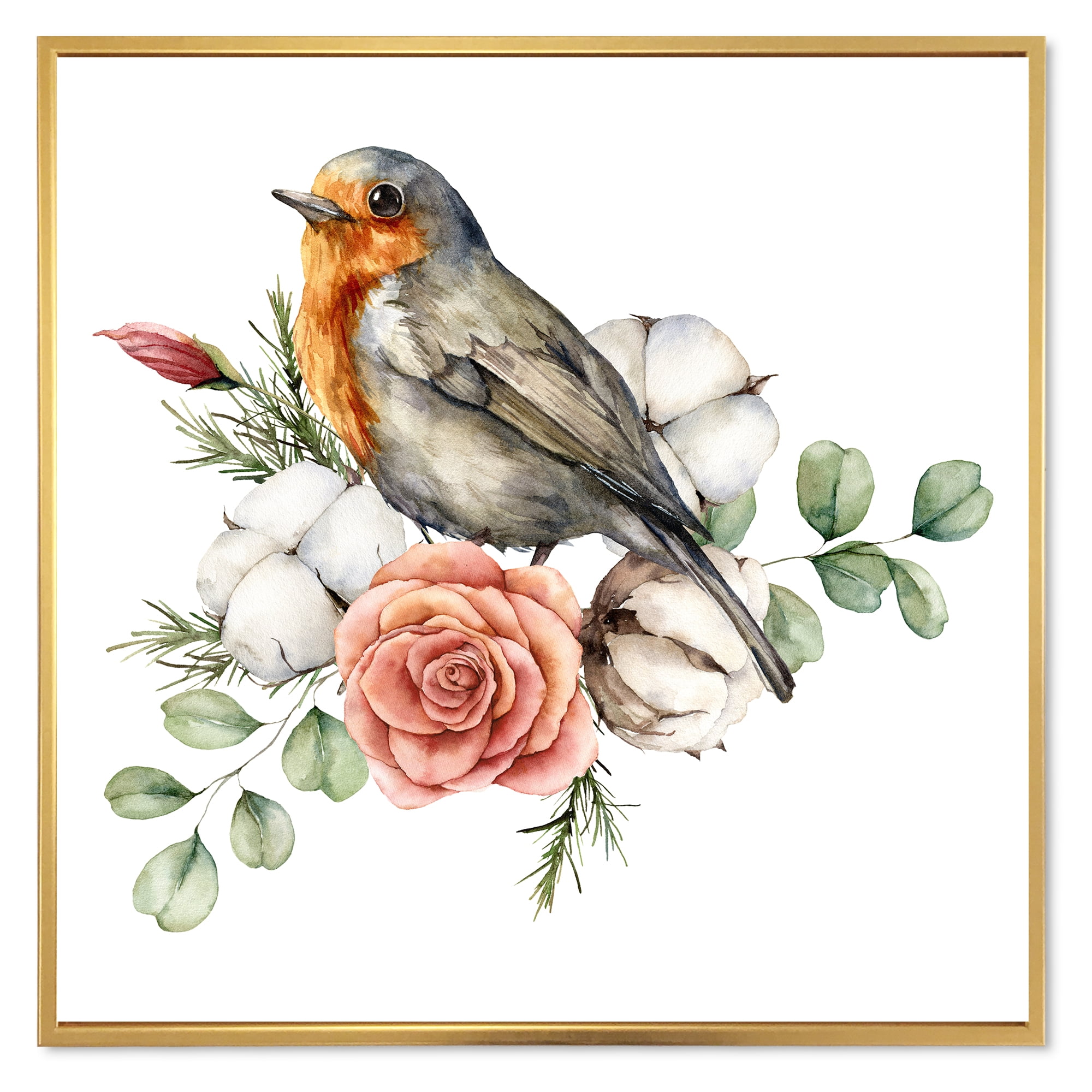 Cotton Rose and Leaves With Robin Redbreast 16 in x 16 in Framed Painting Canvas Art Print, by Designart