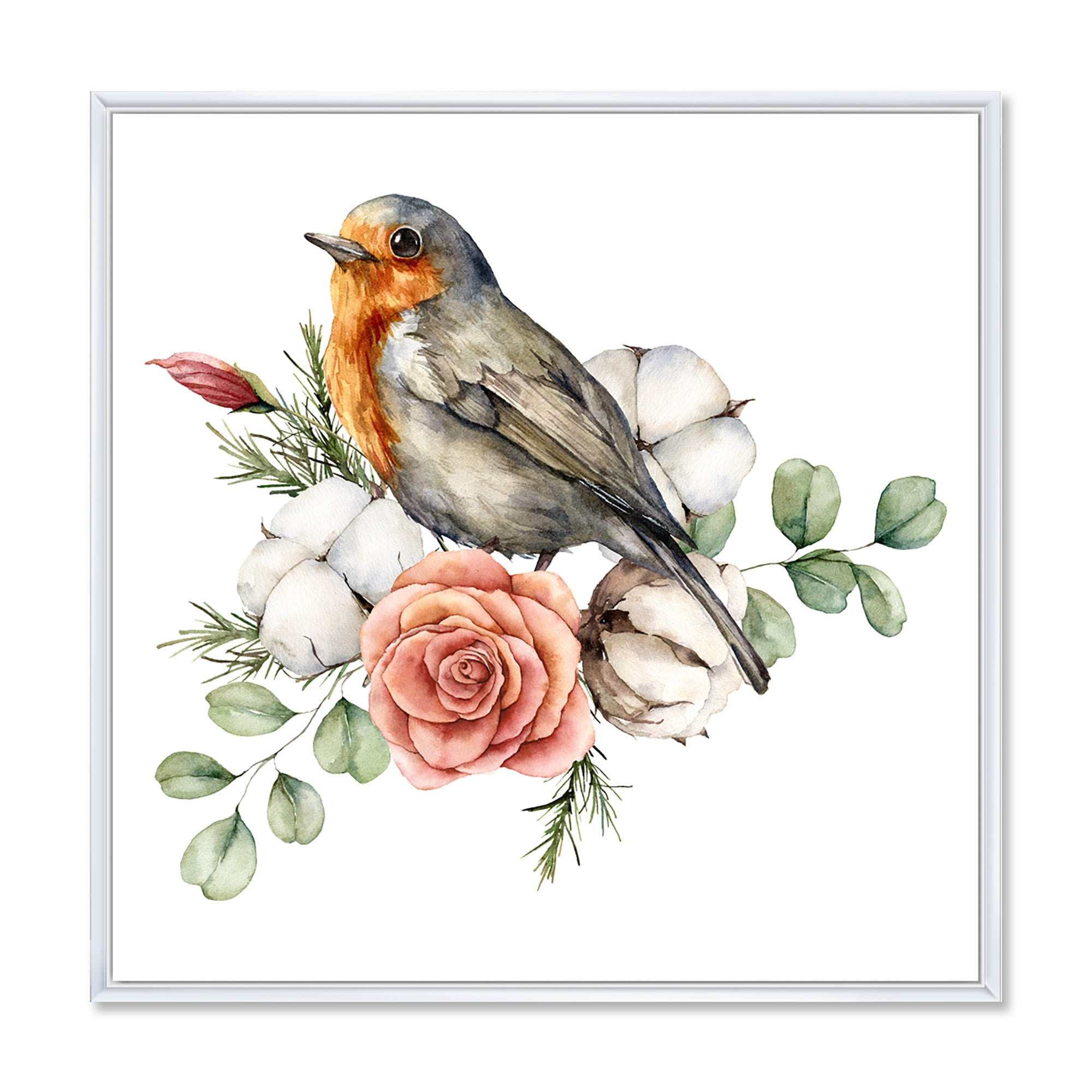 Cotton Rose and Leaves With Robin Redbreast 16 in x 16 in Framed Painting Canvas Art Print, by Designart