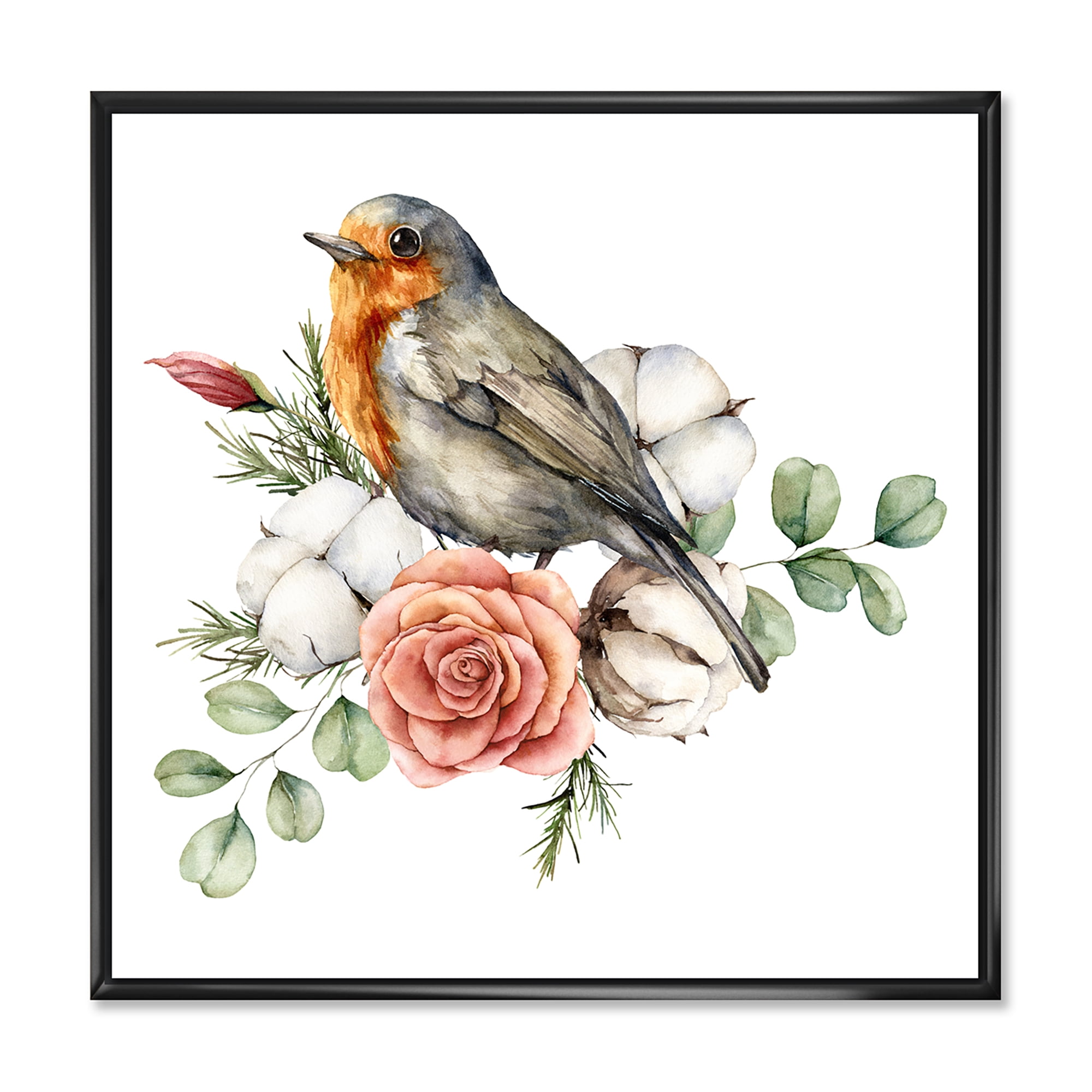 Cotton Rose and Leaves With Robin Redbreast 36 in x 36 in Framed Painting Canvas Art Print, by Designart