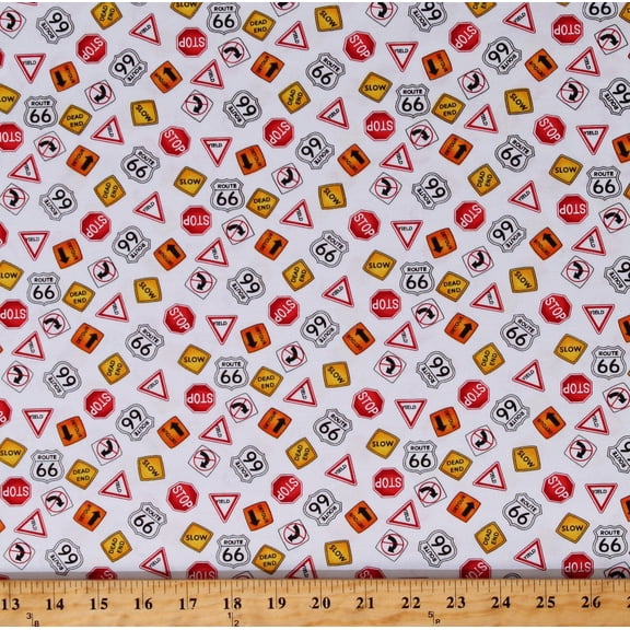 Cotton Route 66 Road Signs Stop Slow Yield Dead End Detour Driving Cotton Fabric Print by the Yard (2210-1)