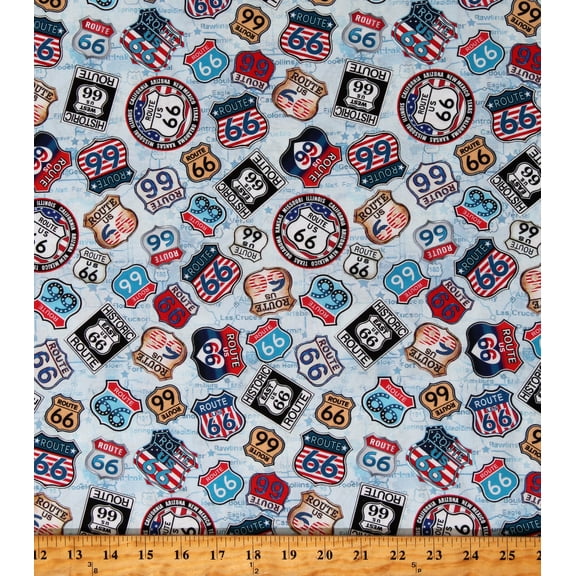 Cotton Route 66 Signs American Highways Directions Maps Routes Light Blue Cotton Fabric Print by the Yard (14725-05)