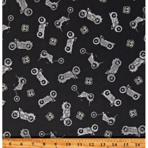 Cotton Route 66 Signs Motorcycles Travel Road Trip Black Cotton Fabric Print by the Yard (C15011-BLACK)