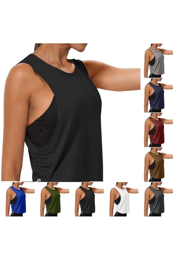 Cotton Ruched Side Tank Tops for Women Workout Athletic Casual Racerback Crewneck Loose Black XL