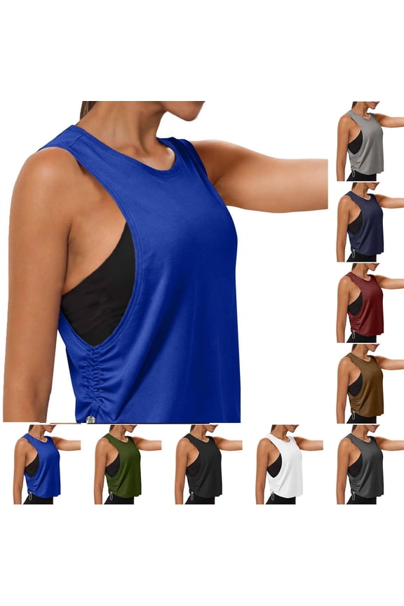 Cotton Ruched Side Tank Tops for Women Workout Athletic Casual Racerback Crewneck Loose Blue XL