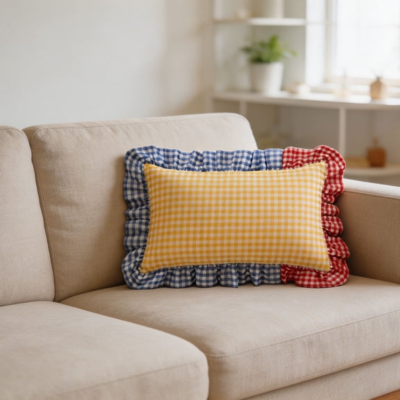Cotton Ruffled Throw Pillow 12x20 Inch Farmhouse Plaid Patchwork Pillow Gingham Pillow Spring Home Decor for Bed Sofa Living Room