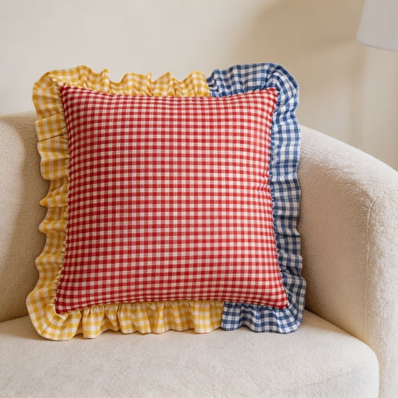 Cotton Ruffled Throw Pillow 18x18 Inch Farmhouse Plaid Patchwork Pillow Gingham Pillow Spring Home Decor for Bed Sofa Living Room