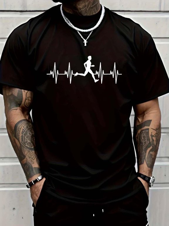 Cotton Running Heartbeat Marathon Track and Field Jogging Runners T-Shirt Men's Casual Short Sleeve Graphic Tee