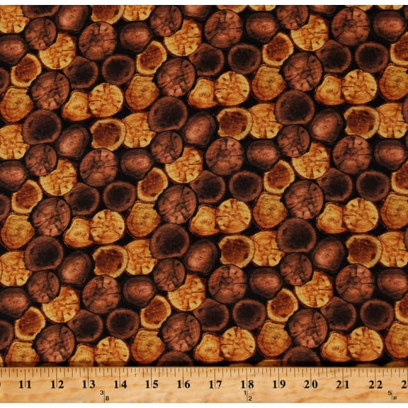 Cotton Rustic Logs Stacked Firewood Wood Lumber Woodpile Landscape Tree Rings Nature Northwoods Brown Cotton Fabric Print by the Yard (08968-88)