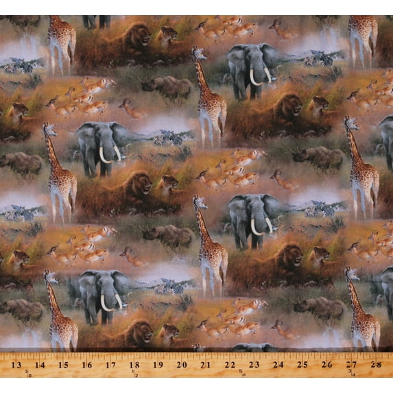 Cotton Safari Animals Elephants Giraffes Lions Rhinos Gazelles Zebras African Scenic Cotton Fabric Print by the Yard (76179-A620715)
