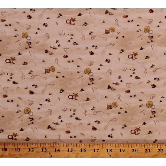 Cotton Sand Footprints Seashells Sea Shells Sand Dollars Starfish Rocks Beach Summer Landscape Medley Cotton Fabric Print by the Yard (290SAND)