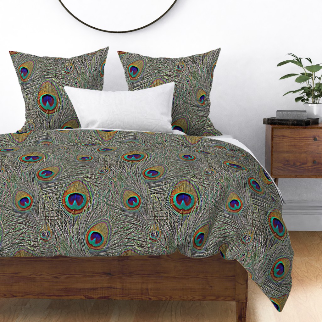 Cotton Sateen Duvet Cover, Full/Queen Peacock Feather Large Scale