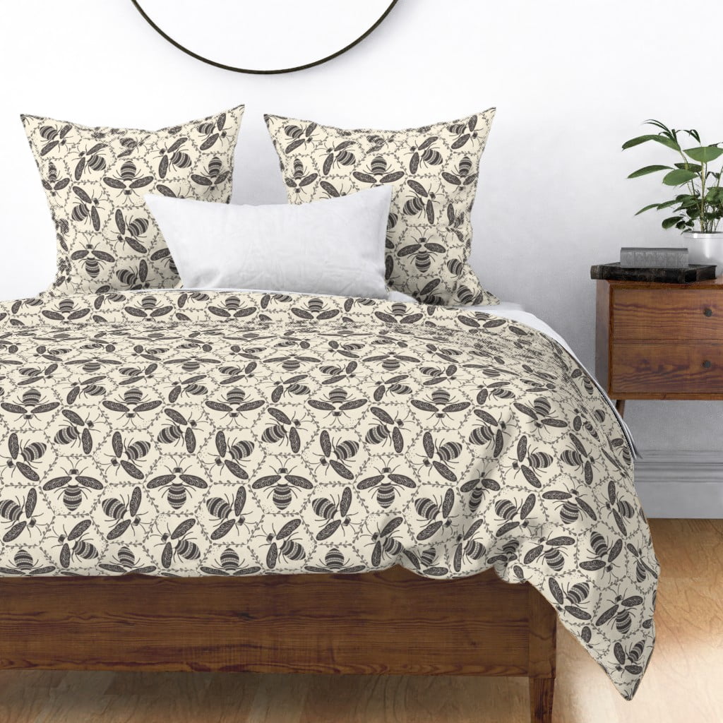 Cotton Sateen Duvet Cover, King/Cali King Bee Hexagons Bees Folk Art