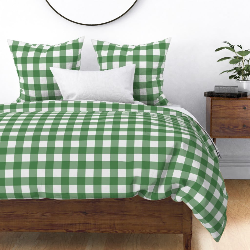 Cotton Sateen Duvet Cover, King/Cali King Green Check Gingham Buffalo