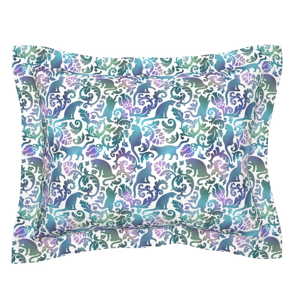 Cotton Sateen Flanged Edge Sham, Euro Cats Garden Blue Purple White