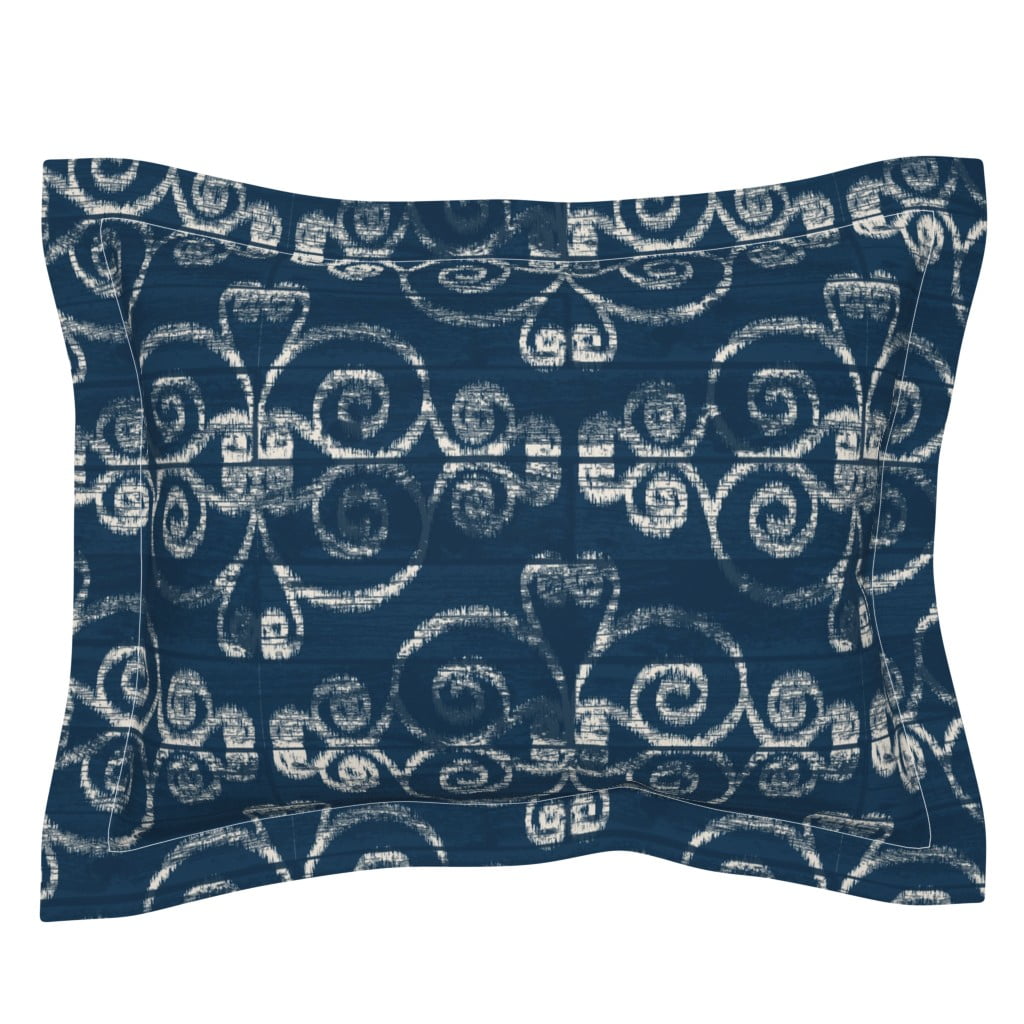 Cotton Sateen Flanged Edge Sham, Euro Diamond Ikat Navy Rustic Damask