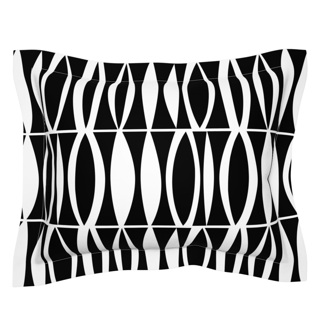 Cotton Sateen Flanged Edge Sham, King Black White Leaf Mid Century