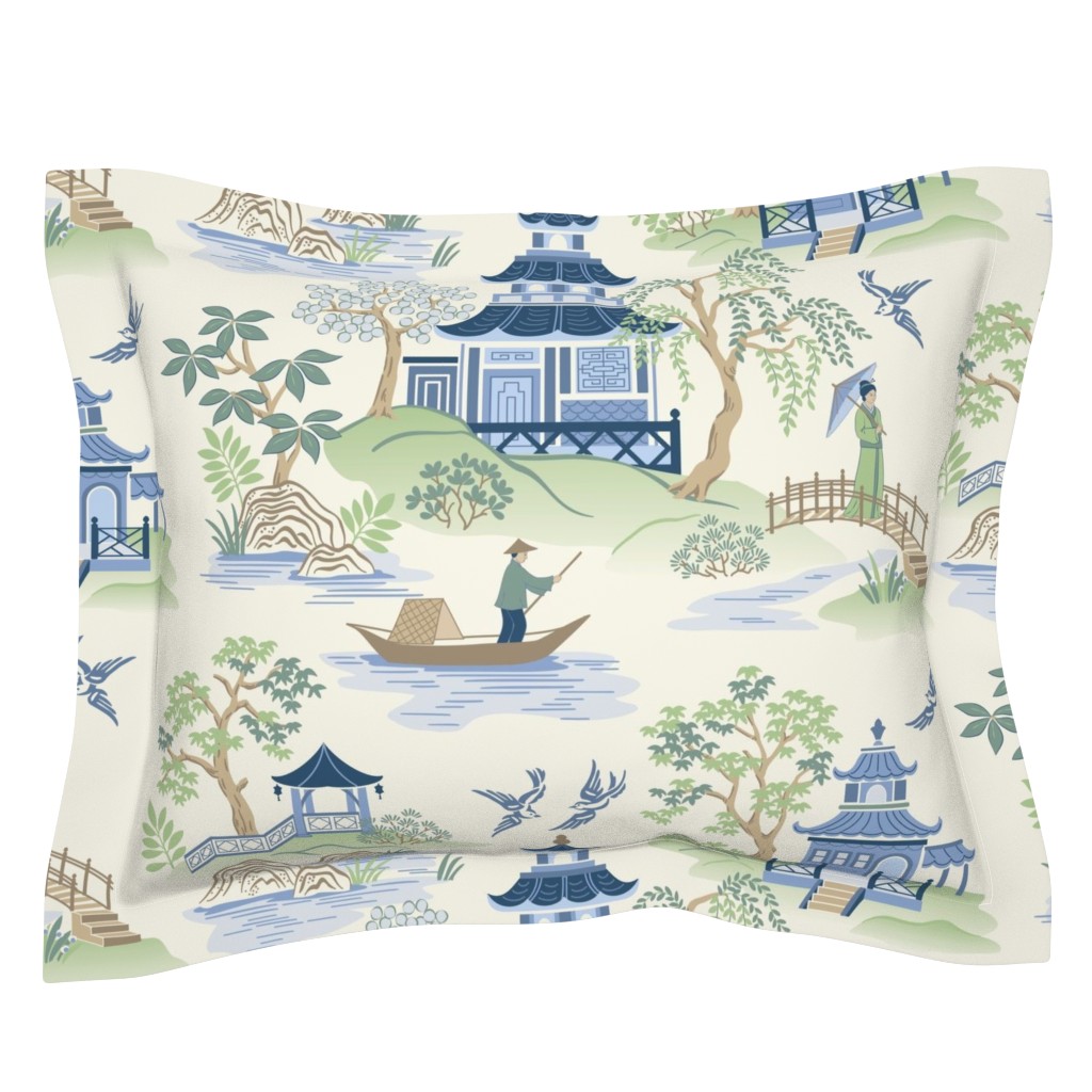 Cotton Sateen Flanged Edge Sham, King Chinoiserie Asian China Pagoda