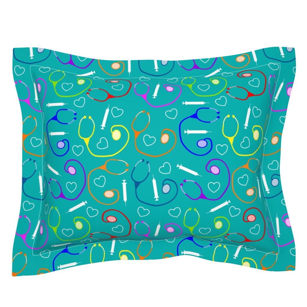Cotton Sateen Flanged Edge Sham, King Nurse Medical Theme Teal Tools
