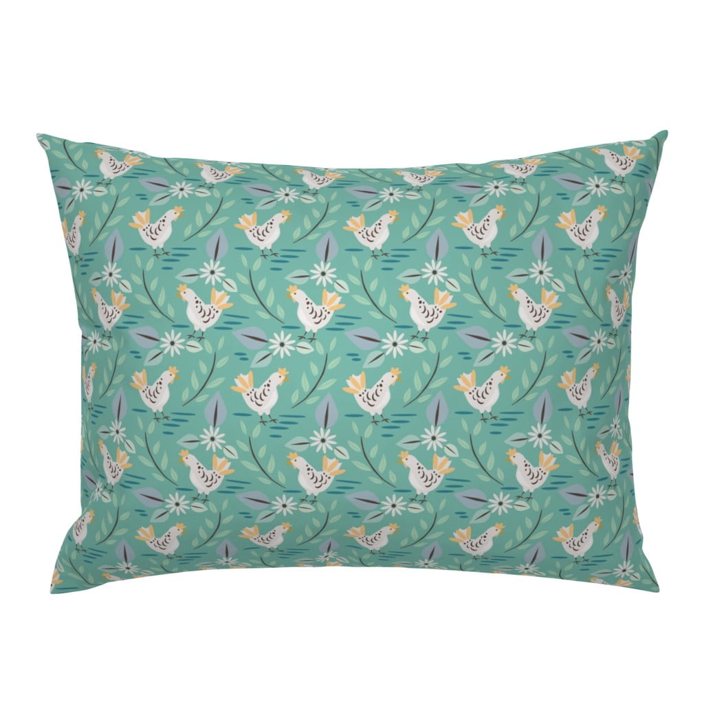 Cotton Sateen Sham, King Chickens Teal Poultry Farm Rustic Green Hen