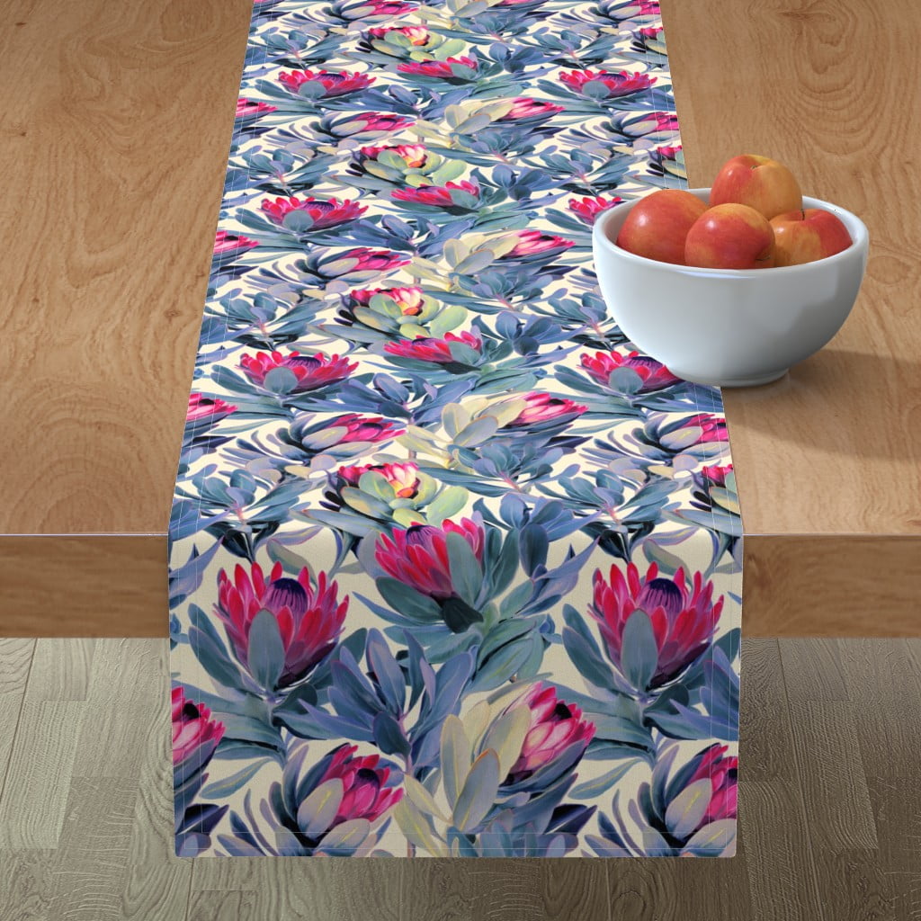 Cotton Sateen Table Runner, 108" Painted Protea Floral Magenta Gray