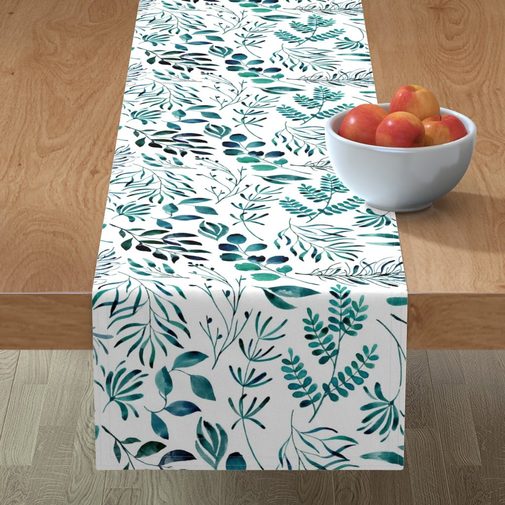 Cotton Sateen Table Runner, 72" Teal Leaves Botanical Nature Ferns White Leaf Pattern
