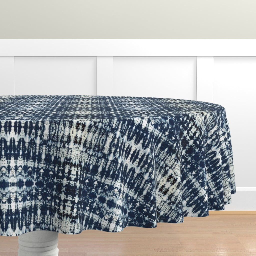 Cotton Sateen Tablecloth, 70" Round Blue Tie Dye Dark Shibori Indigo