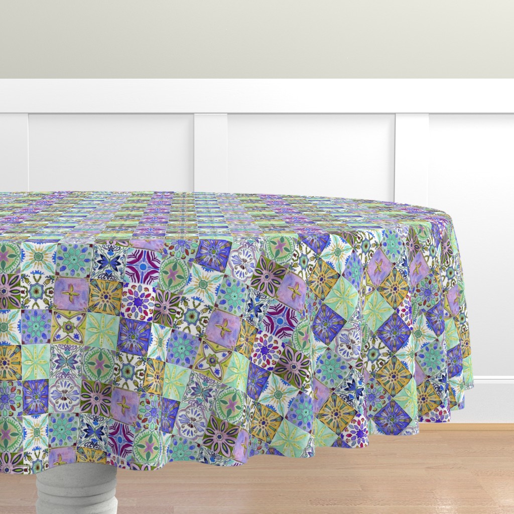 Cotton Sateen Tablecloth, 70" Round Tiles Blue Watercolor Modern Fresh Pink Boho Spanish