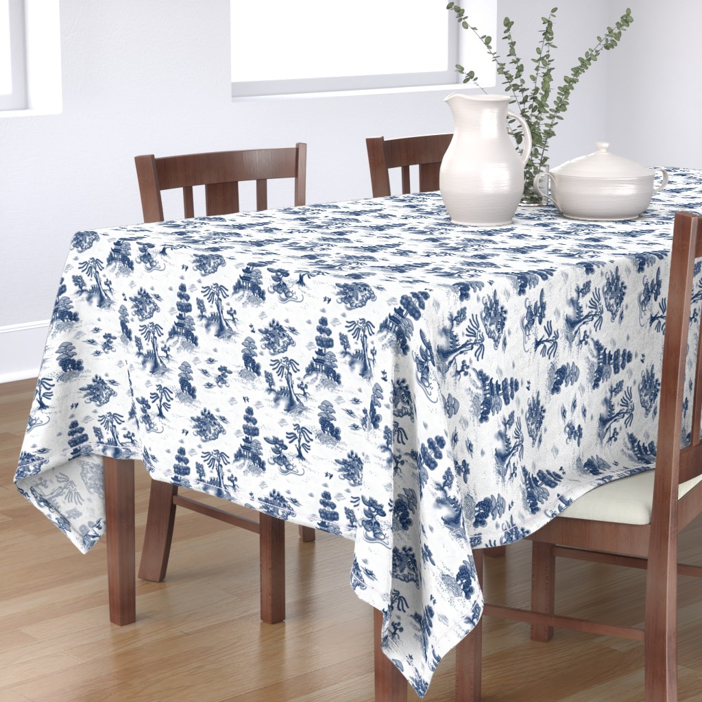 Cotton Sateen Tablecloth, 70" Square Blue, Willow, Toile, Temple