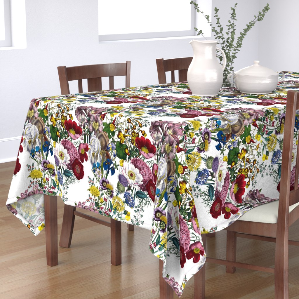 Cotton Sateen Tablecloth, 70" x 144" Bright Flowers Floral Botanical