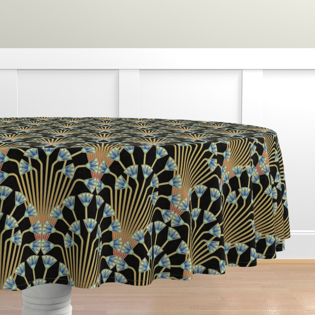 Cotton Sateen Tablecloth, 90" Round Art Deco Floral Egyptian Flowers