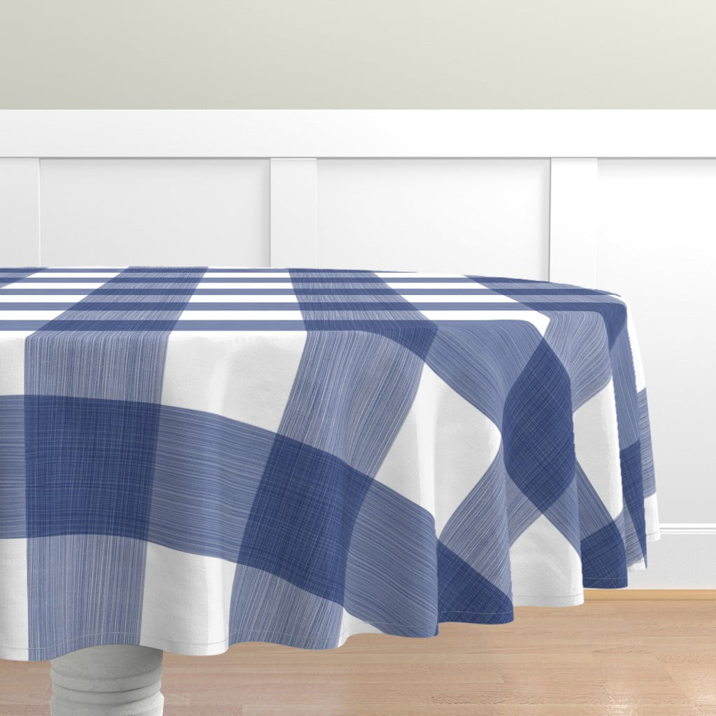 Cotton Sateen Tablecloth, 90" Round - Navy Buffalo Plaid Check Gingham ...