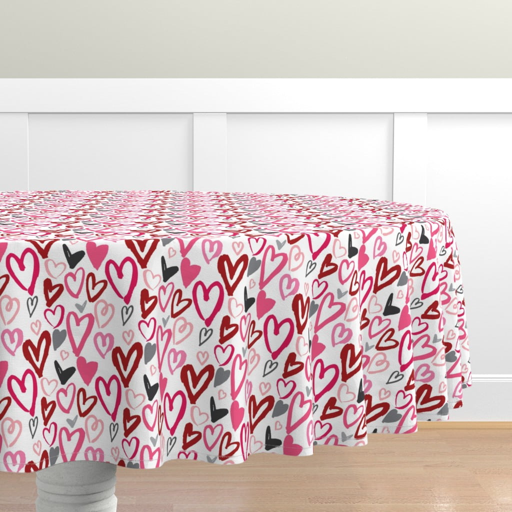 Cotton Sateen Tablecloth, 90" Round Painted Valentine Hearts Red Pink