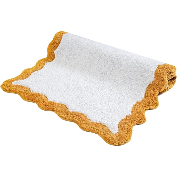 Cotton Scalloped Bathmat with Antiskid 20"x32" Mustard – 100% Cotton Scalloped Bath Mat, Anti‑Skid, Soft & Absorbent Bathroom Rug for Shower, Tub & Entryway