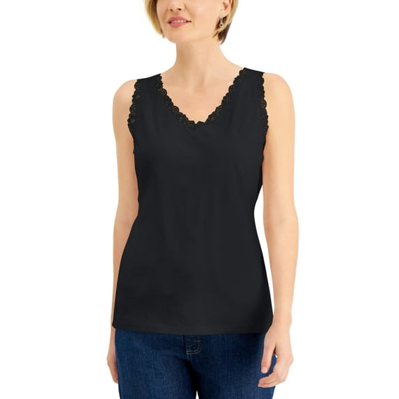 Cotton Scalloped-Lace Tank Top Deep Black S