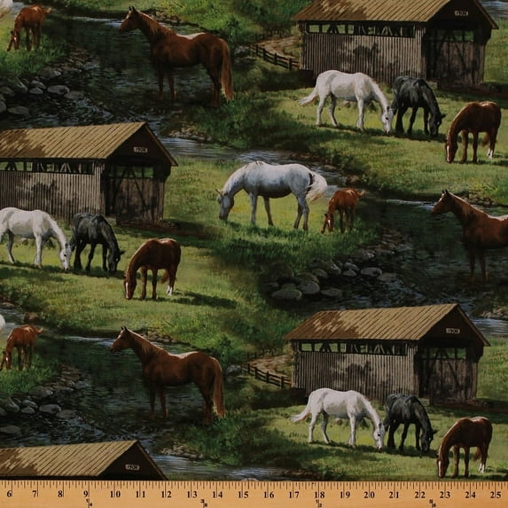 Cotton Scenic Farm Horses Creek Trail Bridge Green Cotton Fabric Print by the Yard (51382-A620715)