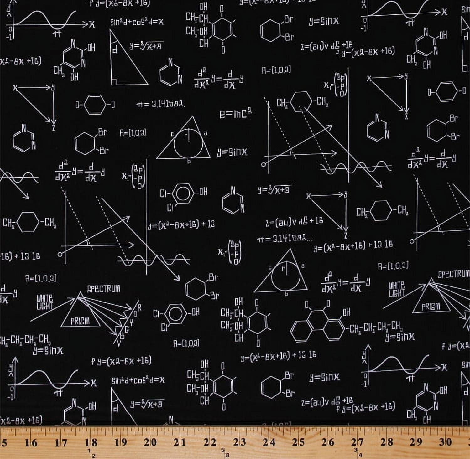 Black Cotton Fabric with Science Diagrams and Equations