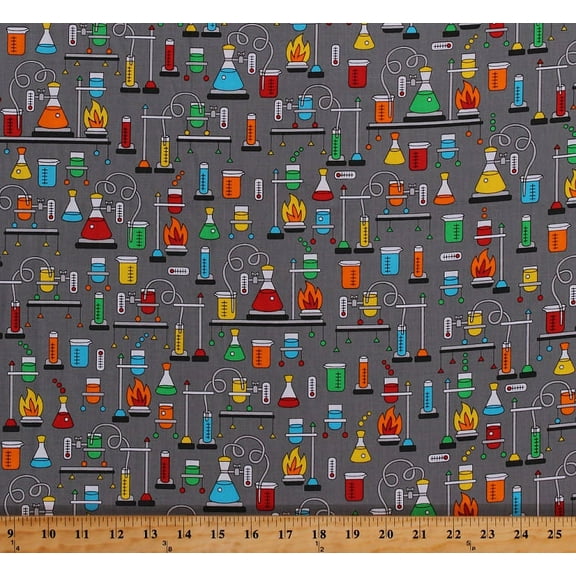 Cotton Science Experiments Chemistry Lab Laboratory Equipment Beakers Test Tubes Multi-Color on Gray Science Fair 2 Cotton Fabric Print by the Yard (SRK-17929-205MULTI)