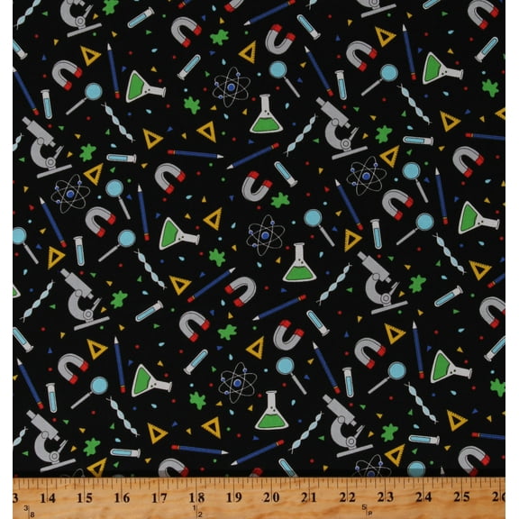 Cotton Science Lab Magnets Microscopes Physics Chemistry Biology Experiments Black Top of the Class Cotton Fabric Print by the Yard (1710-99)