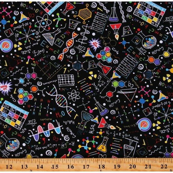 Cotton Science Math Equations Chemistry Experiments Cotton Fabric Print by the Yard (GAIL-C8249 BLACK)