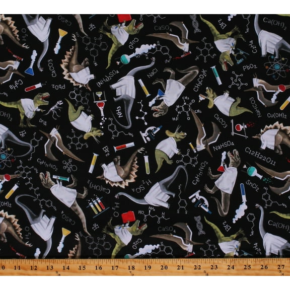 Cotton Scientist Dinosaurs in Lab Coats Dinos Kids Black Cotton Fabric Print by the Yard (DINO-CD1690-BLACK)