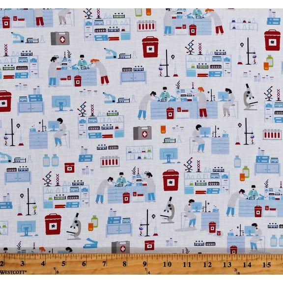 Cotton Scientists Medical Researchers Laboratory Experiments Science Biology Medicine Frontline Heroes White Cotton Fabric Print by the Yard (SRK-20337-1WHITE)