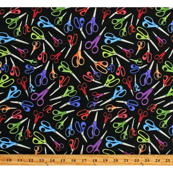 Cotton Scissors Cutting Sewing Room School Supplies Crafts Shear Fun Black Cotton Fabric Print by the Yard (692-534)