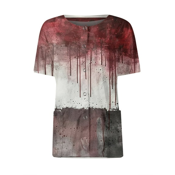 Cotton Scrubs for Women, Classic Fit V-Neck Short Sleeve Scrub Top with 2 Pockets & Soft Fabric Stretch Printed Medical Nursing Uniforms Wicking Healthcare Women V Neck Red L