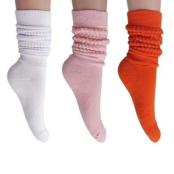 Cotton Scrunch Socks for Women 80s 3 Pairs White-Pink-Orange