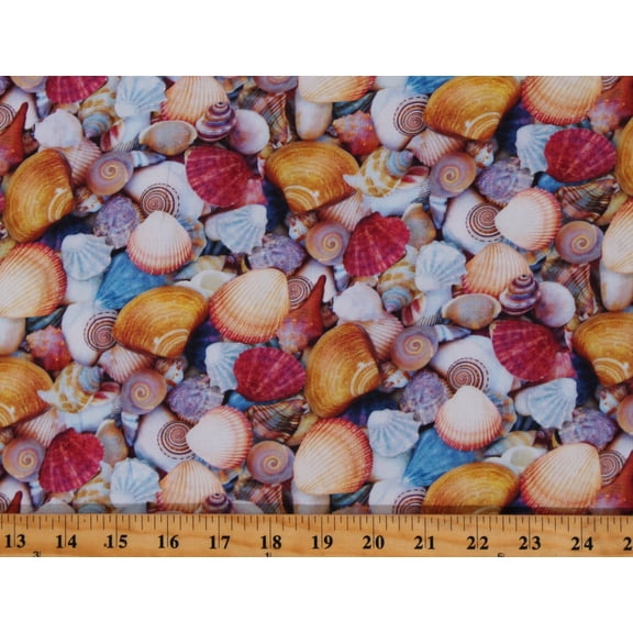 Cotton Sea Shells Ocean Shore Beach Vacation Travel Landscapes Multicolor Cotton Fabric Print by the Yard (9303505604)
