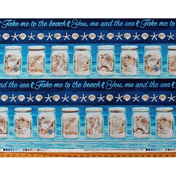 Cotton Seashells in Jars Beach Summer Vacation Travel Take Me To The Beach Blue Cotton Fabric Print by the Yard (BEACH-C6745-BLUE)