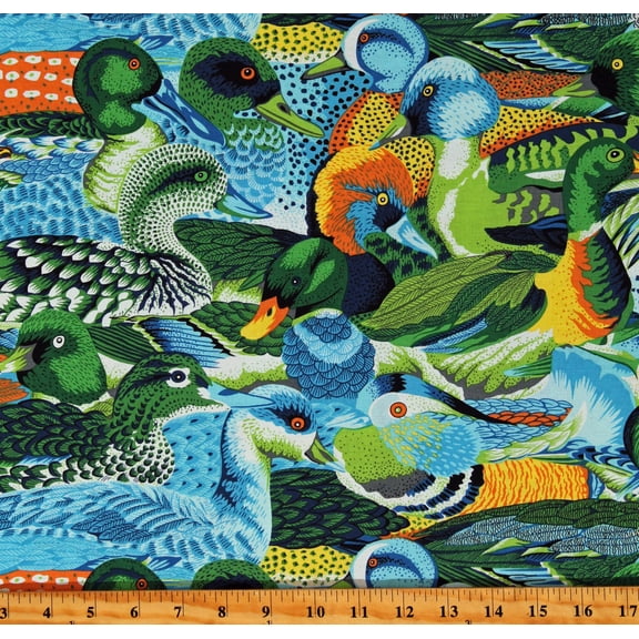 Cotton Secret Stream Fish Ducks Birds Pelicans River Animals Water Feathers Multicolor Cotton Fabric Print by the Yard (PWSL096-AQUA)