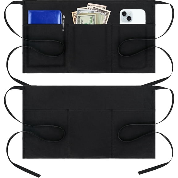 Cotton Server Aprons 2 Pack Waiter Waitress Apron Short Apron with Pockets Restaurant BBQ 12 Inch Black