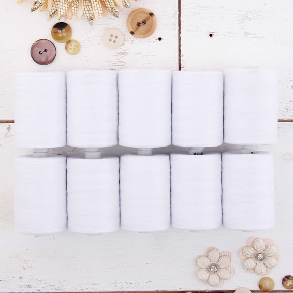 100% Mercerized Cotton Thread, 10 Spool Pack 1000M per Spool, 50/3 Ply for Quilting Embroidery, Strong Durable, White Sewing Thread