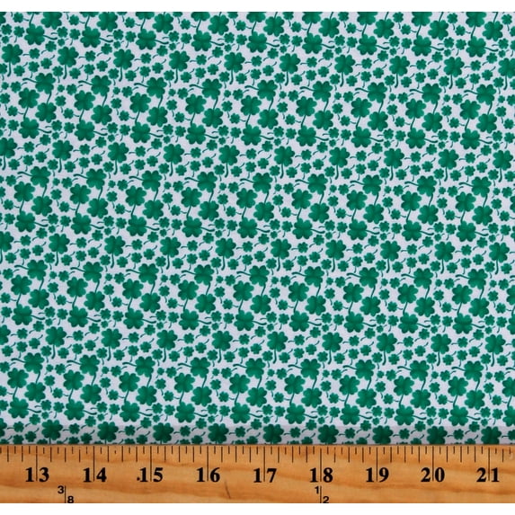 Cotton Shamrocks Four-Leaf Clovers Saint Patrick's Day Lucky Gnomes Mini Clovers White Cotton Fabric Print by the Yard (12662-09)